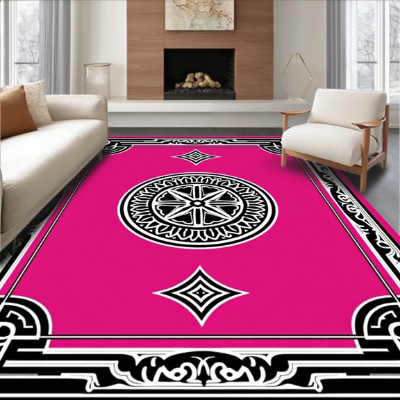 ODIKA 2x3 Machine Washable Non-Slip Area Rug, Vintage Parquet Medallion Ornamental Tessellation Luxury High Traffic Rug, Pink, 560311