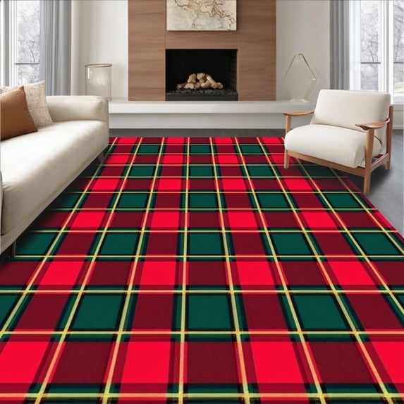 ODIKA 2'x3' Machine Washable Non-Slip Area Rug, Vintage Plaid Christmas Evergreen Welcome Seasonal High Traffic Rug with Pad, Red, 622179