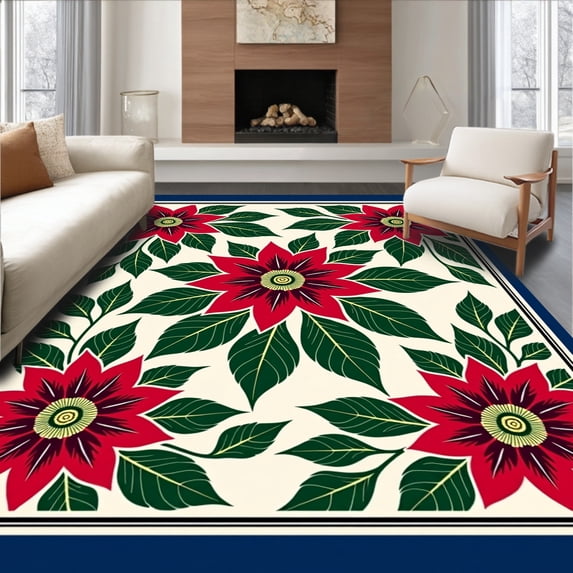 ODIKA 2'x3' Machine Washable Non-Slip Area Rug, Vintage Poinsettia Bloom Entrance Classic Holiday Floral High Traffic Rug, Red, 637307