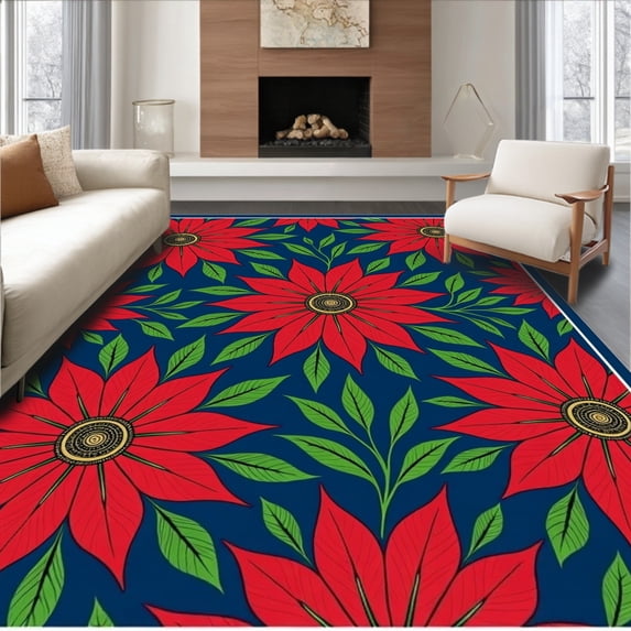 ODIKA 2'x3' Machine Washable Non-Slip Area Rug, Vintage Poinsettia Bloom Non Slip High Traffic Rug, Red, 611786