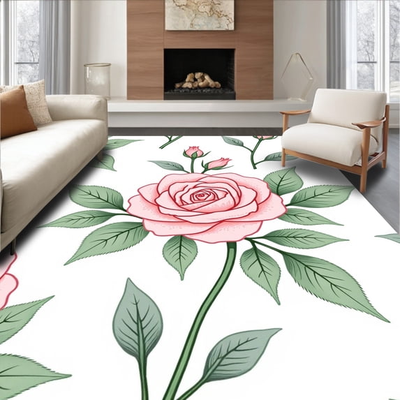 ODIKA 2'x3' Machine Washable Non-Slip Area Rug, Vintage Rose Garden Embroidery Pillow Kit with Floral Design High Traffic Rug with Pad, Pink, 743843