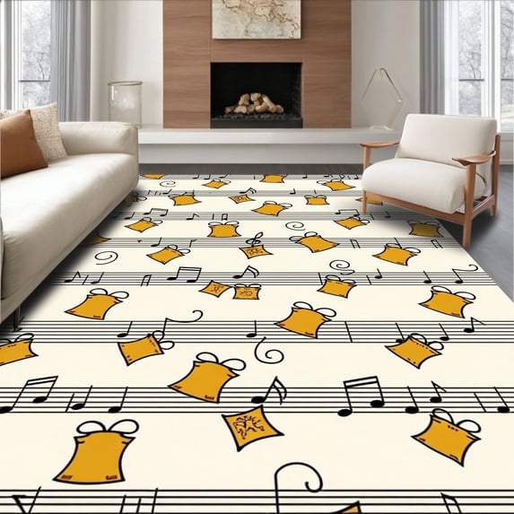 ODIKA 2'x3' Machine Washable Non-Slip Area Rug, Vintage Sleigh Bells Musical Notes Doormat Nostalgic Melody Entry Design High Traffic Rug, Orange, 737720
