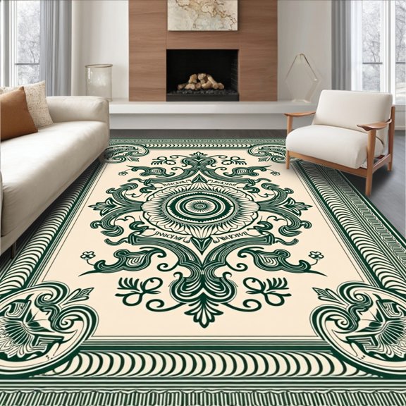 ODIKA 2x3 Machine Washable Non-Slip Area Rug, Waves Medallion High Traffic Rug, Ivory, 655573