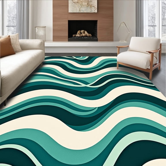 ODIKA 2'x3' Machine Washable Non-Slip Area Rug, Wavy Chevron Plush Textured High Traffic Rug with Pad, Teal, 582471