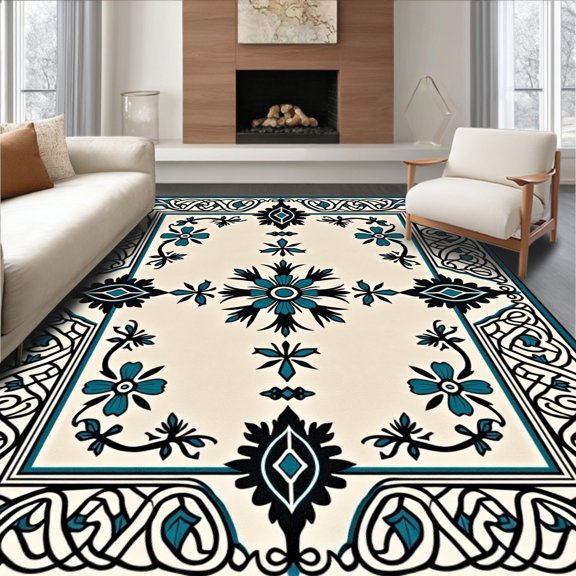 ODIKA 2x3 Machine Washable Non-Slip Area Rug, Weathered Trellis Lattice with Baroque Floral Inlays High Traffic Rug, Beige, 659108