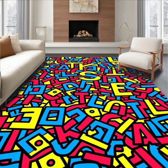 ODIKA 2x3 Machine Washable Non-Slip Area Rug, Whimsical Alphabet Safari Play Featuring Exotic Creature Motifs High Traffic Rug, Red, 699523