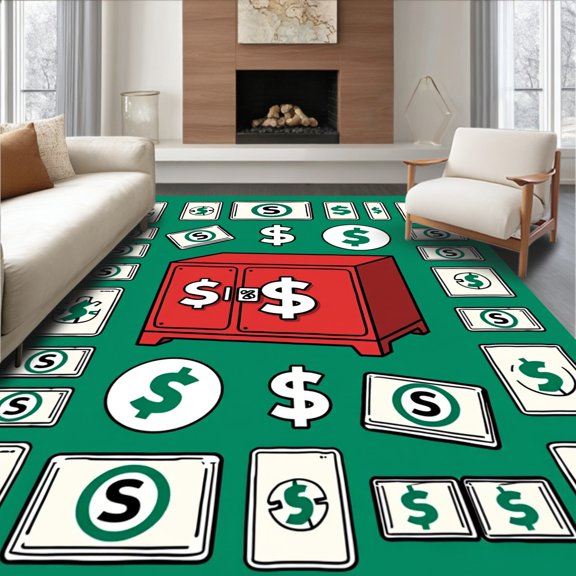 ODIKA 2x3 Machine Washable Non-Slip Area Rug, Whimsical Banking Vault Treasure Printed Accent High Traffic Rug, Green, 719698