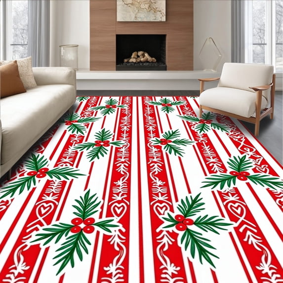 ODIKA 2'x3' Machine Washable Non-Slip Area Rug, Whimsical Cane Stripe With Playful Holly And Berry Sprigs High Traffic Rug, Red, 625731