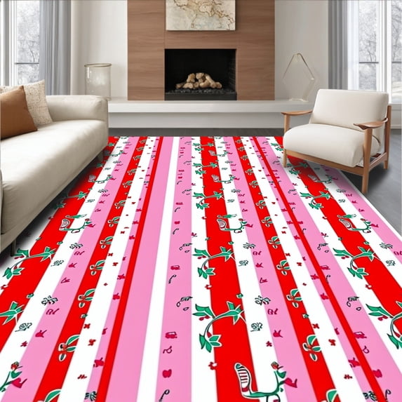 ODIKA 2'x3' Machine Washable Non-Slip Area Rug, Whimsical Cane Stripe with Delicate Holly Leaf Accents High Traffic Rug, Red, 507731