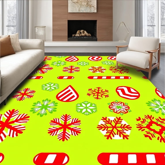ODIKA 2'x3' Machine Washable Non-Slip Area Rug, Whimsical Cane Stripe with Playful Snowflake Overlay High Traffic Rug, Green, 733188
