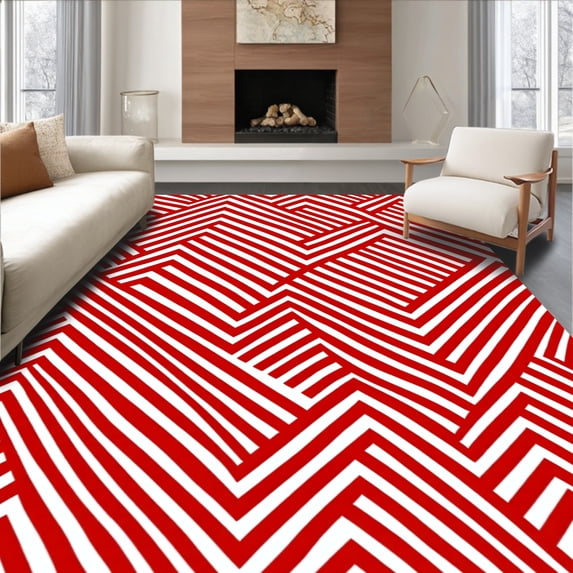 ODIKA 2'x3' Machine Washable Non-Slip Area Rug, Whimsical Cane Striped Celebration Floor Decoration High Traffic Rug with Pad, Red, 654950