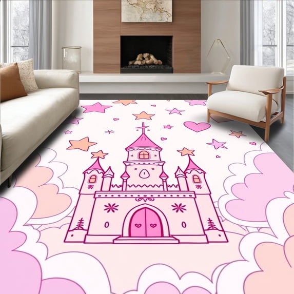 ODIKA 2'x3' Machine Washable Non-Slip Area Rug, Whimsical Castle Wonderland with Floating Stars and Playful Hearts Motif High Traffic Rug, Pink, 724624