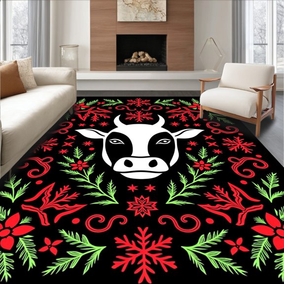 ODIKA 2x3 Machine Washable Non-Slip Area Rug, Whimsical Cow Face Framed By Dainty Holly Sprigs And Interlocking Snowflake High Traffic Rug, Black, 635787