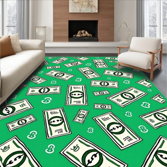 ODIKA 2x3 Machine Washable Non-Slip Area Rug, Whimsical Dollar Bill Print with Cartoon Cash Stack Design High Traffic Rug, Green, 723063