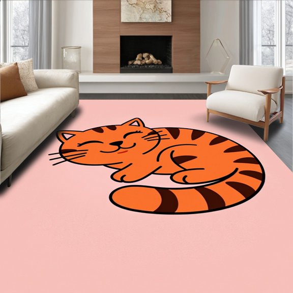 ODIKA 2x3 Machine Washable Non-Slip Area Rug, Whimsical Dreaming Kitten Shaped Accent Pet Outline High Traffic Rug, Orange, 663576