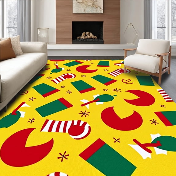 ODIKA 2'x3' Machine Washable Non-Slip Area Rug, Whimsical Elf Hat and Cane with Vibrant Festive Colors High Traffic Rug, Yellow, 621770