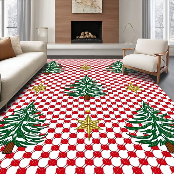 ODIKA 2'x3' Machine Washable Non-Slip Area Rug, Whimsical Evergreen Caravan and Festive Gingham Tree High Traffic Rug, Red, 651838