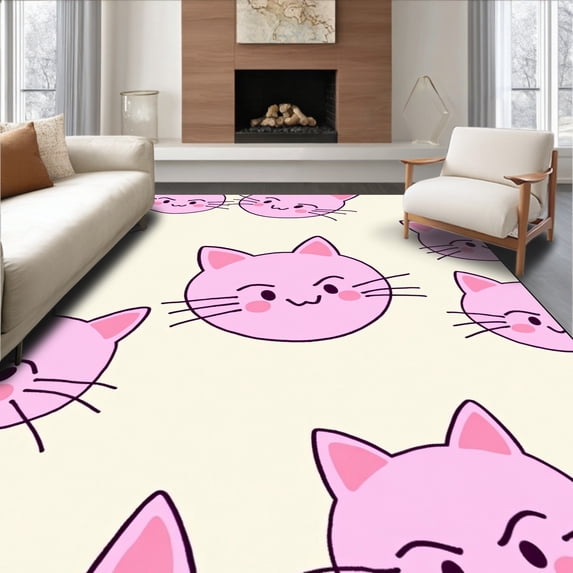 ODIKA 2'x3' Machine Washable Non-Slip Area Rug, Whimsical Feline Face Bath with Adorable Whisker Details High Traffic Rug with Pad, Pink, 724487