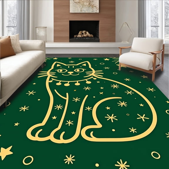 ODIKA 2x3 Machine Washable Non-Slip Area Rug, Whimsical Feline Outline with Festooned String Lights and Accents High Traffic Rug, Green, 508984