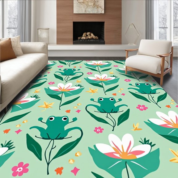 ODIKA 2x3 Machine Washable Non-Slip Area Rug, Whimsical Frog Pond with Floating Lily Petals High Traffic Rug, Green, 340580