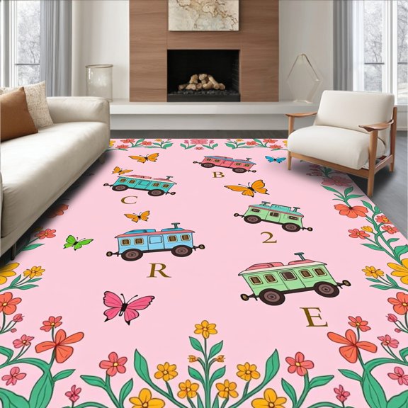 ODIKA 2x3 Machine Washable Non-Slip Area Rug, Whimsical Garden Alphabet Learning with Numbers Transport High Traffic Rug, Pink, 693129
