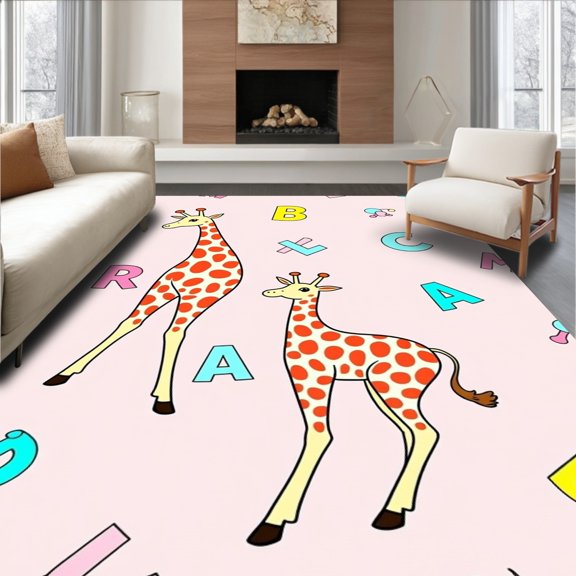 ODIKA 2x3 Machine Washable Non-Slip Area Rug, Whimsical Giraffe Dreams with Playful ABC Animal Accents High Traffic Rug, Pink, 697513