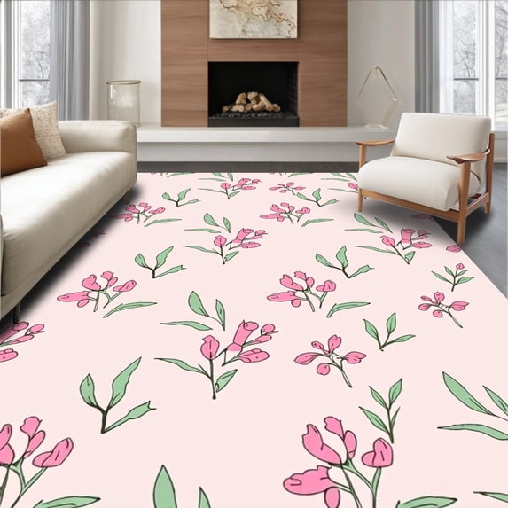 ODIKA 2'x3' Machine Washable Non-Slip Area Rug, Whimsical Meadow Fantasy Artistic High Traffic Rug with Pad, Pink, 550151