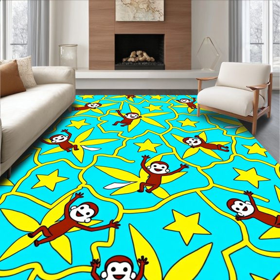 ODIKA 2x3 Machine Washable Non-Slip Area Rug, Whimsical Monkey Wonderland Interlocking with Starburst Details High Traffic Rug with Pad, Brown, 726284