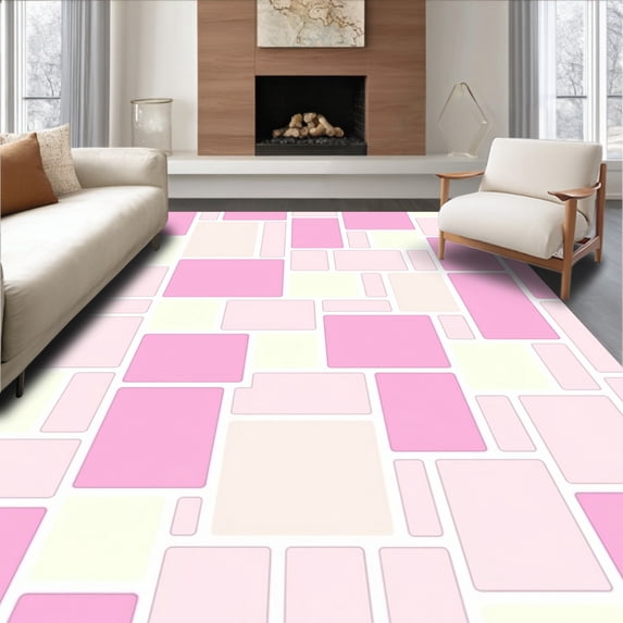 ODIKA 2'x3' Machine Washable Non-Slip Area Rug, Whimsical Patchwork Dreamscape with Irregular Interlocking Tiles High Traffic Rug with Pad, Pink, 470765