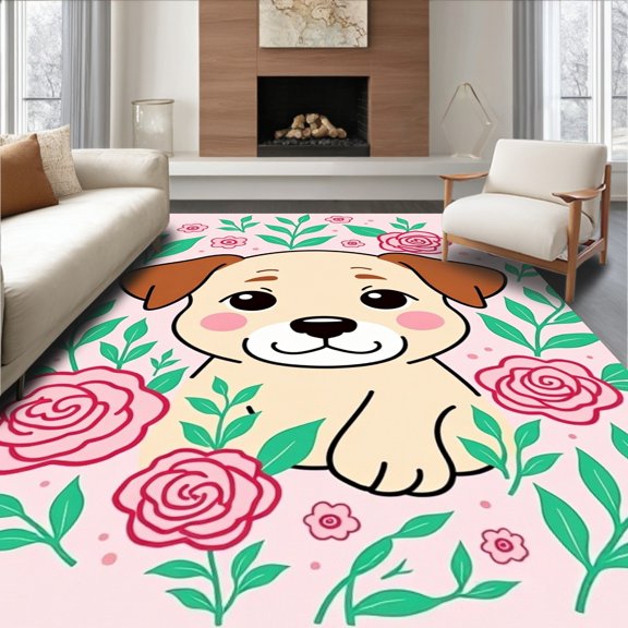 ODIKA 2x3 Machine Washable Non-Slip Area Rug, Whimsical Puppy Portrait Latch Hook Kit with Floral Border Design High Traffic Rug, Pink, 636651