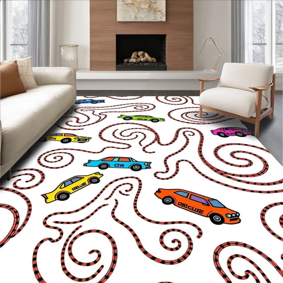 ODIKA 2'x3' Machine Washable Non-Slip Area Rug, Whimsical Raceway with Spiraling Tracks and Cartoon Vehicle Motifs High Traffic Rug with Pad, Red, 696185