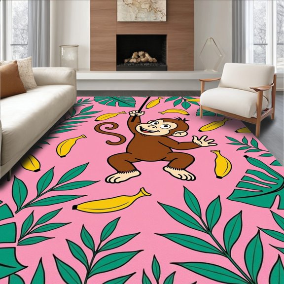 ODIKA 2x3 Machine Washable Non-Slip Area Rug, Whimsical Safari Adventure Circular Playmat Featuring Swinging Primate High Traffic Rug, Pink, 726327