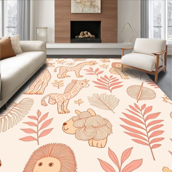 ODIKA 2x3 Machine Washable Non-Slip Area Rug, Whimsical Safari Creatures Featuring Lions Giraffes Zebras and Monkeys High Traffic Rug with Pad, Beige, 684027