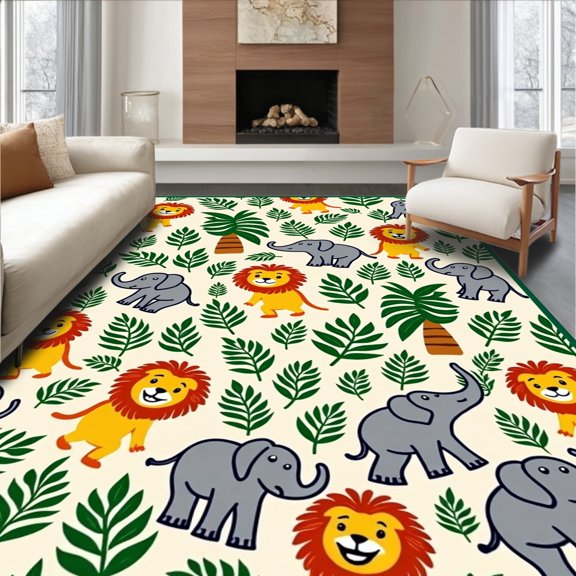 ODIKA 2x3 Machine Washable Non-Slip Area Rug, Whimsical Safari Parade Featuring Lions Elephants and Playful Monkeys High Traffic Rug with Pad, Green, 682498