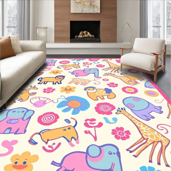 ODIKA 2x3 Machine Washable Non-Slip Area Rug, Whimsical Safari Parade with Playful Elephant Lion Giraffe and Monkey Motifs High Traffic Rug, Pink, 682382