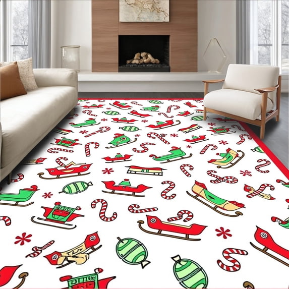 ODIKA 2'x3' Machine Washable Non-Slip Area Rug, Whimsical Santa Sleigh and Cane Patchwork Medley High Traffic Rug, Red, 734311