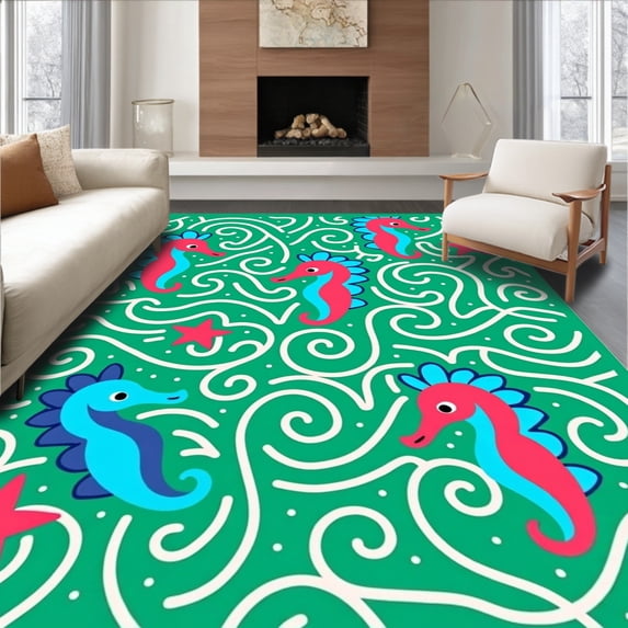 ODIKA 2'x3' Machine Washable Non-Slip Area Rug, Whimsical Seahorse Nautical Bath High Traffic Rug, Green, 729636