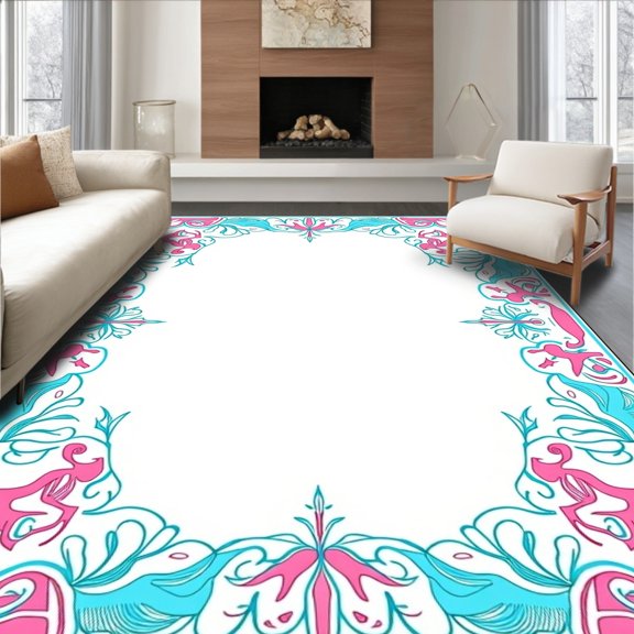 ODIKA 2x3 Machine Washable Non-Slip Area Rug, Whimsical Seahorse Waves Doormat with Coral Reef Fantasy Design High Traffic Rug, Pink, 707014