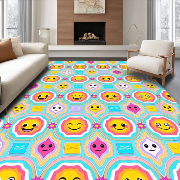 ODIKA 2x3 Machine Washable Non-Slip Area Rug, Whimsical Smiley Face High Traffic Rug, Yellow, 371759