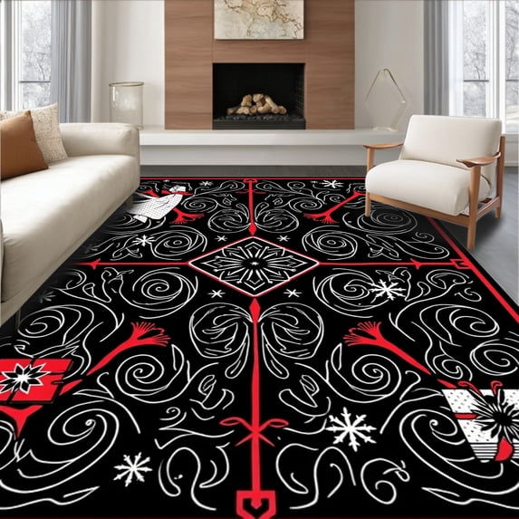 ODIKA 2x3 Machine Washable Non-Slip Area Rug, Whimsical Snowfall Fantasy Enchanted Gift Bringer Trio High Traffic Rug with Pad, Black, 739876
