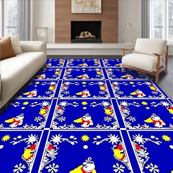 ODIKA 2'x3' Machine Washable Non-Slip Area Rug, Whimsical Snowman Gathering on Festive Interlocking Grid with Seasonal Flair High Traffic Rug with Pad, Blue, 732188