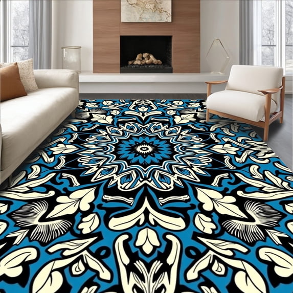 ODIKA 2'x3' Machine Washable Non-Slip Area Rug, Whimsical Spider Web with Wildflowers and Abstract Leaves High Traffic Rug with Pad, Blue, 542593