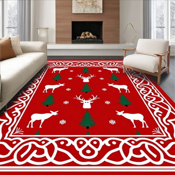 ODIKA 2'x3' Machine Washable Non-Slip Area Rug, Whimsical Stag and Pine Motif with Interlocking Festive Borders High Traffic Rug, Red, 638947