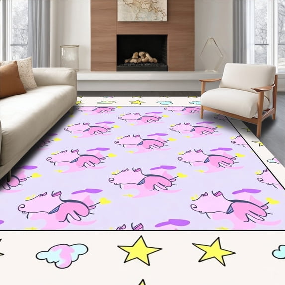 ODIKA 2'x3' Machine Washable Non-Slip Area Rug, Whimsical Unicorn Dreams Fantasy Bath with Stars High Traffic Rug, Pink, 655702