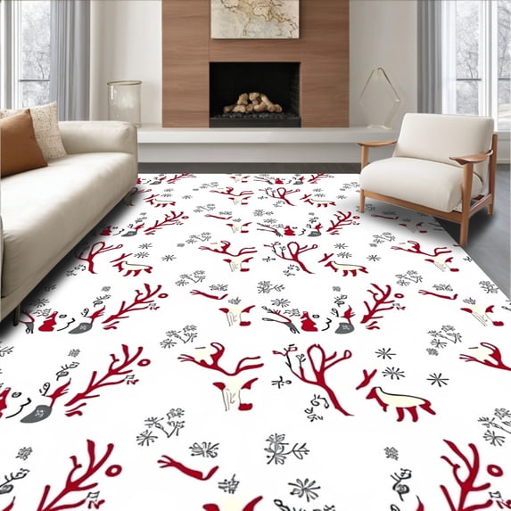 ODIKA 2'x3' Machine Washable Non-Slip Area Rug, Whimsical Winter Woodland Scene Featuring Elk and Snowy Branches High Traffic Rug with Pad, Red, 733037