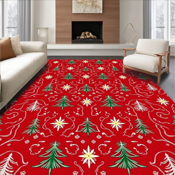 ODIKA 2'x3' Machine Washable Non-Slip Area Rug, Whimsical Yuletide Forest Design Hooked Kit with Starburst Embellishments High Traffic Rug with Pad, Red, 650869