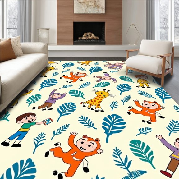 ODIKA 2x3 Machine Washable Non-Slip Area Rug, Whimsical Zoo Friends Playmat Featuring Cartoon Giraffe Monkey Tiger High Traffic Rug with Pad, Ivory, 682521