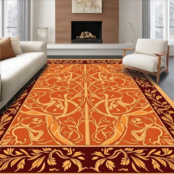ODIKA 2'x3' Machine Washable Non-Slip Area Rug, Whispering Leaves Mosaic With Autumn Branch Motifs High Traffic Rug, Orange, 492716