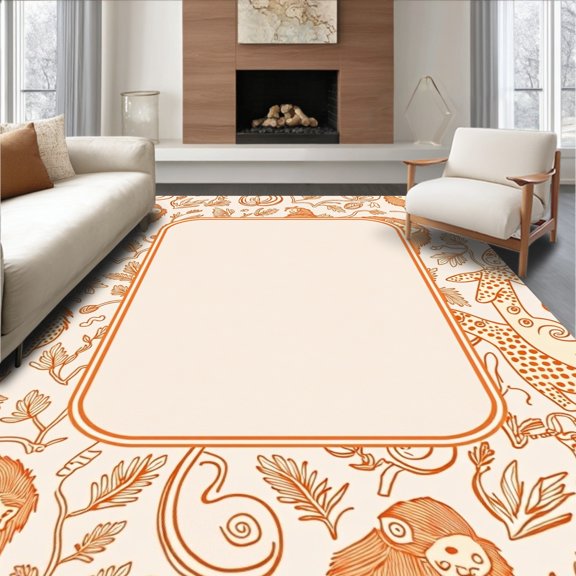 ODIKA 2x3 Machine Washable Non-Slip Area Rug, Wild Jungle Parade with Adorable Animal Companions and Nature Motifs High Traffic Rug, Beige, 683728