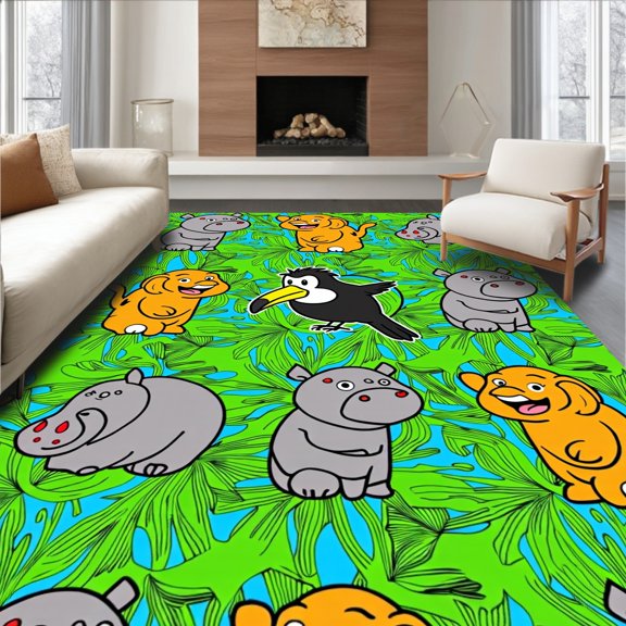 ODIKA 2x3 Machine Washable Non-Slip Area Rug, Wildlife Safari Caravan with Curious Animal Friends and Tropical Foliage High Traffic Rug, Green, 682261
